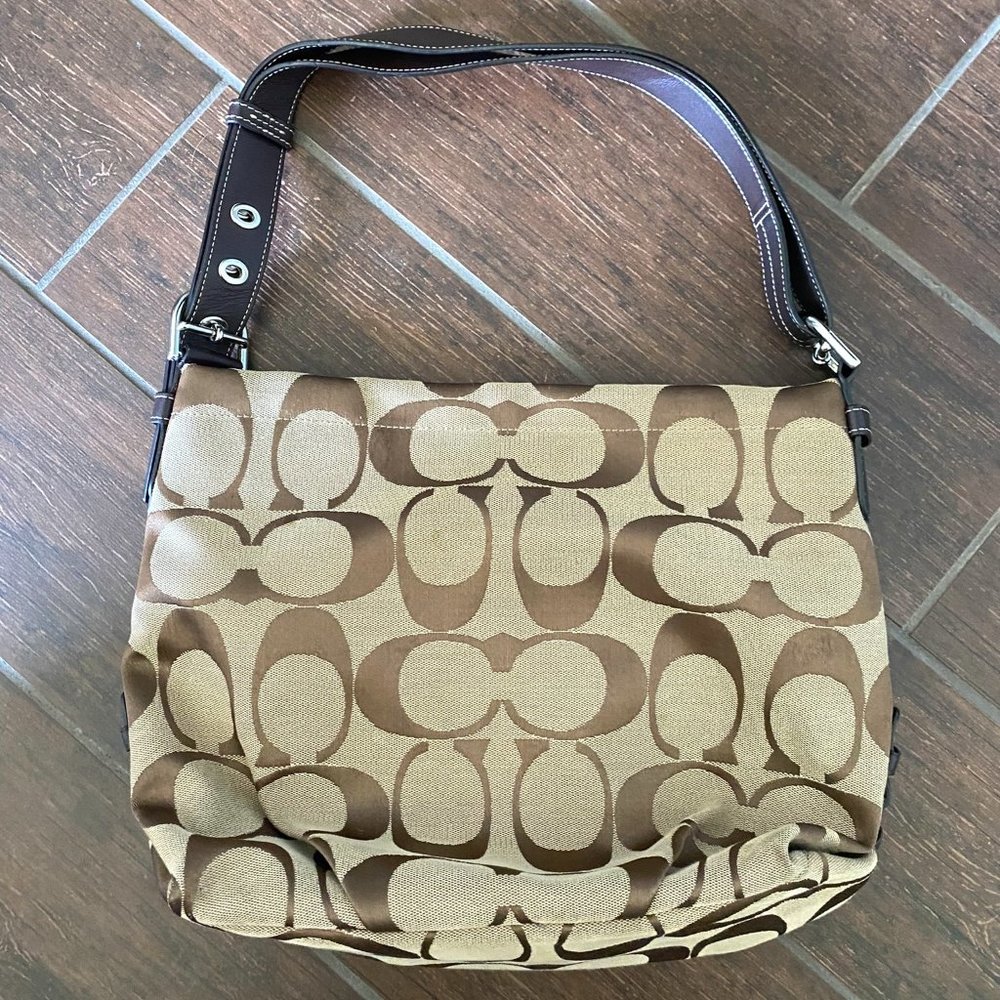 COACH 15067 Signature Duffle Bag Top Zip Brown Khaki Shoulder/Crossbody